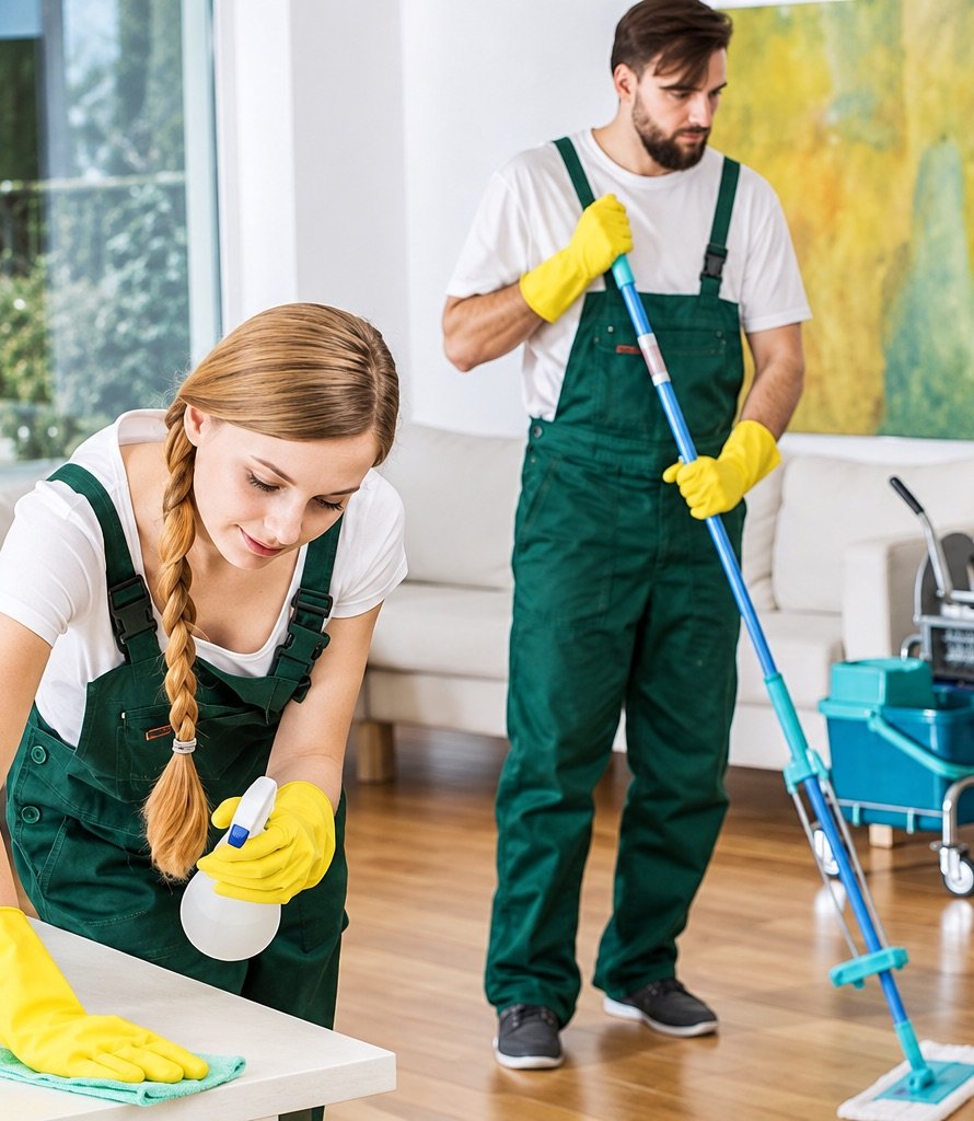 ProMénages cleaning team in green overalls cleaning a bright Montreal living room